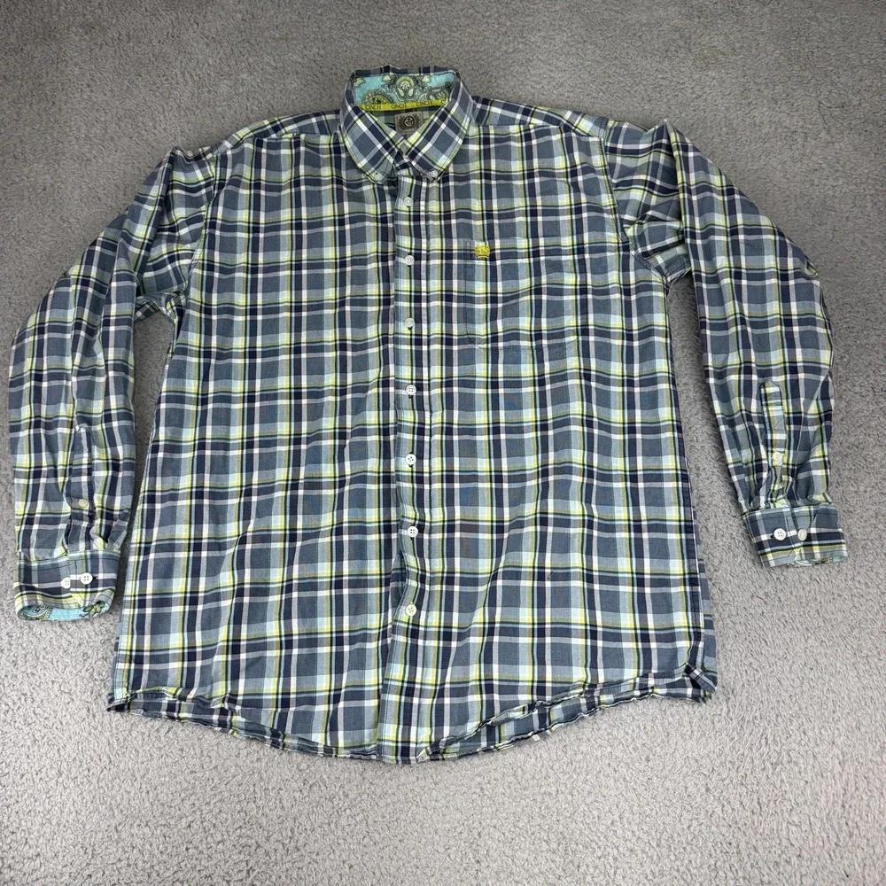 Cinch Shirt Mens Medium Blue Yellow‎ Button Up Western Cowboy Workwear Plaid